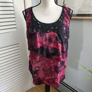 DRESSBARN Top Womens XL Burgundy Sleeveless Beaded Layered Tank Y2K Fairy Grunge